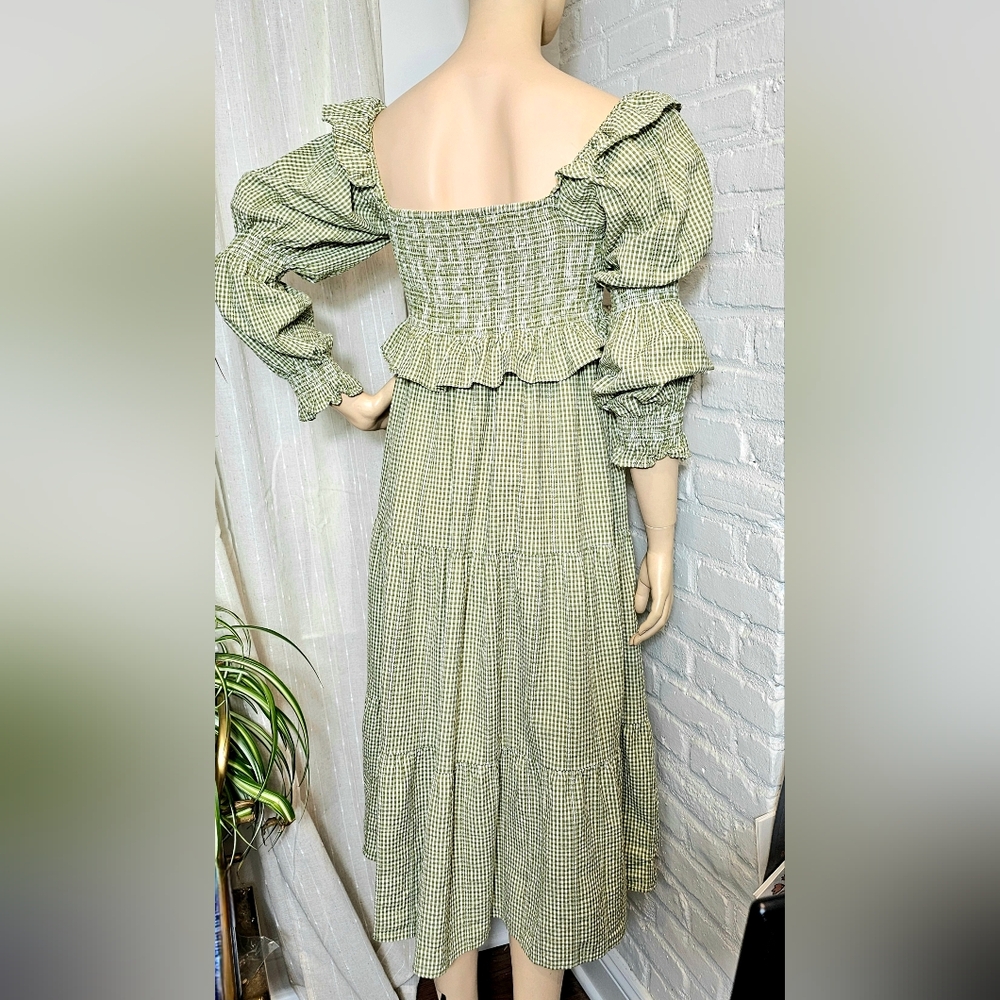 Frances Hart Maternity Green Gingham Smocked Midi Dress Silver Thread Size M - Picture 3 of 6